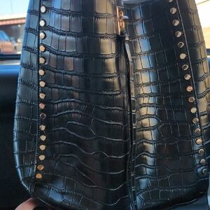 Black Croc-Embossed Tote with Gold Studs